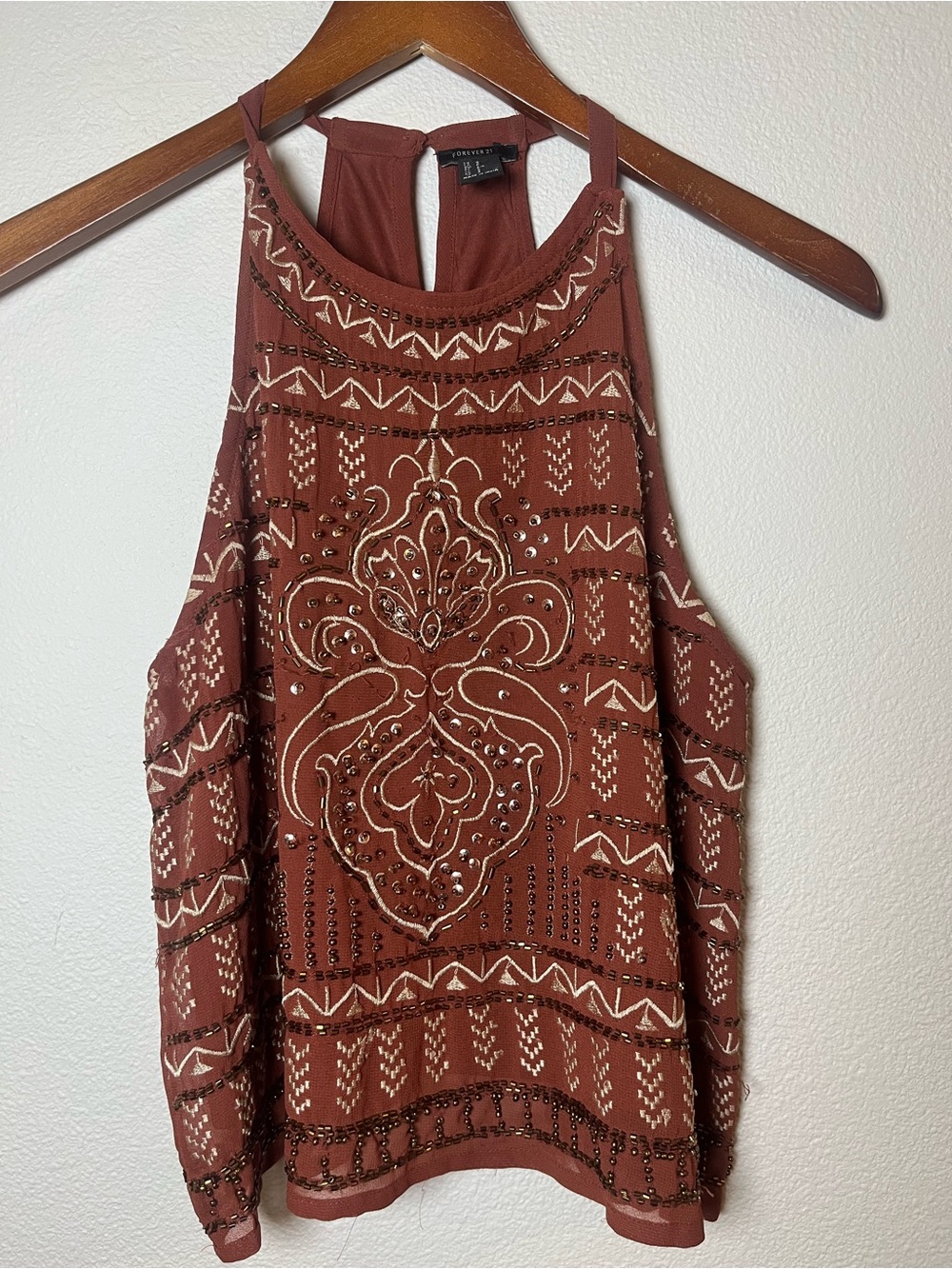 Forever 21 Rust Halter Tank with Cream Embroidery and Breading Boho Y2K